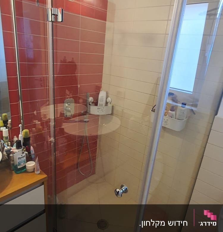 מקלחת עם דלת זכוכית, ראש מקלחת ומדף מוצרים